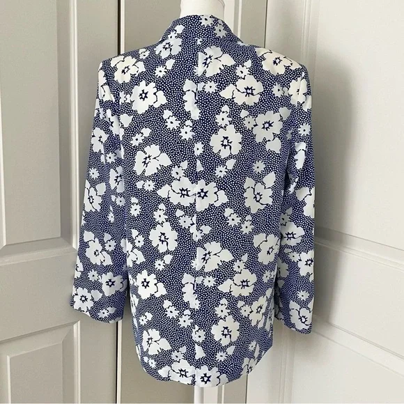 Vintage 80s Russ Union Made Lightweight Floral Blazer - Blue & White, Size 12 - Picture 5 of 15